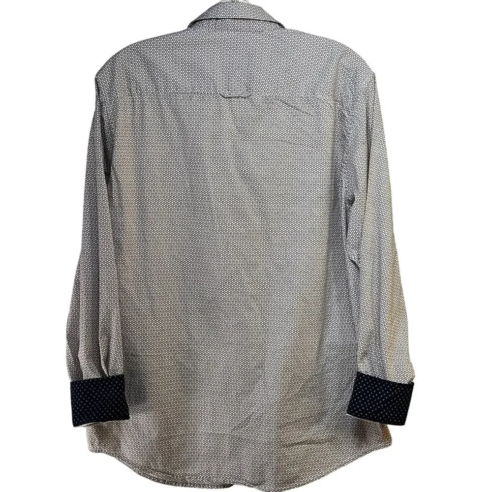SQ Sqwear Button Front Shirt Men's Medium White Maroon Blue Hexagon Print L/S